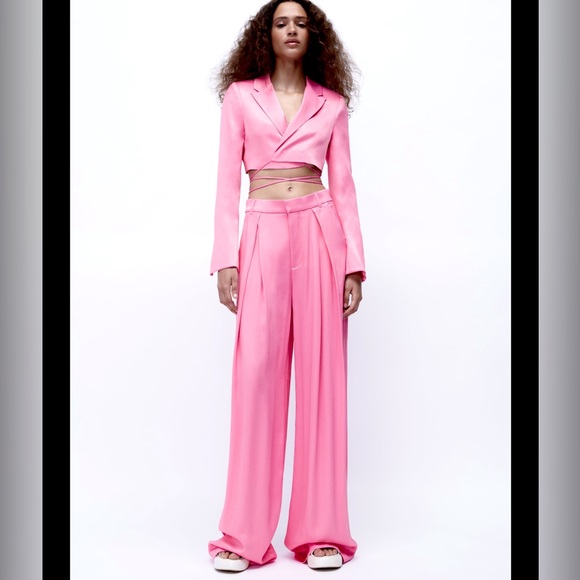 Zara pink satin effect wide leg pants COORD SET - Picture 2 of 7